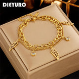 316L Stainless Steel Leaves Charm Bracelet 2-Layer Chains