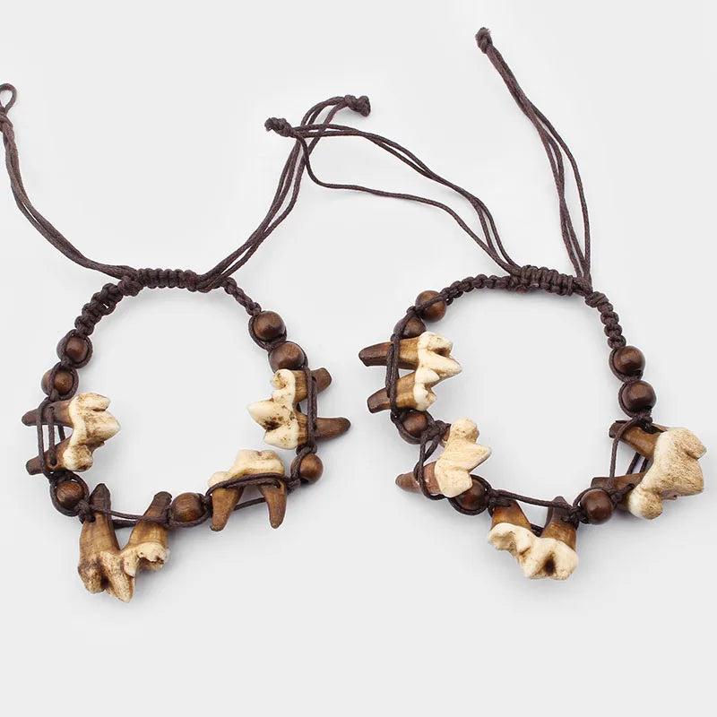 Tibetan Tribal Wolf Tooth Bracelet Adjustable Cord Wood Beads