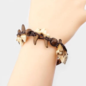 Tibetan Tribal Wolf Tooth Bracelet Adjustable Cord Wood Beads