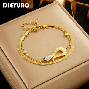 316L Stainless Steel Snake Charm Bracelet For Women 2in1 Wrist Chains