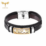 Golden Stainless Steel Jesus Bracelet Leather Wristband