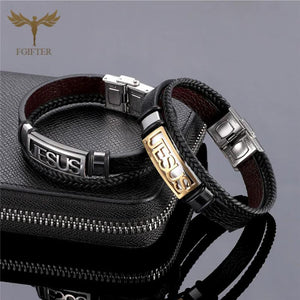 Golden Stainless Steel Jesus Bracelet Leather Wristband