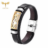 Golden Stainless Steel Jesus Bracelet Leather Wristband