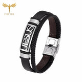 Golden Stainless Steel Jesus Bracelet Leather Wristband