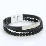 Stainless Steel Men Leather Stone Bead Bracelet