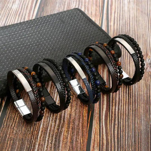Stainless Steel Men Leather Stone Bead Bracelet