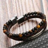 Stainless Steel Men Leather Stone Bead Bracelet