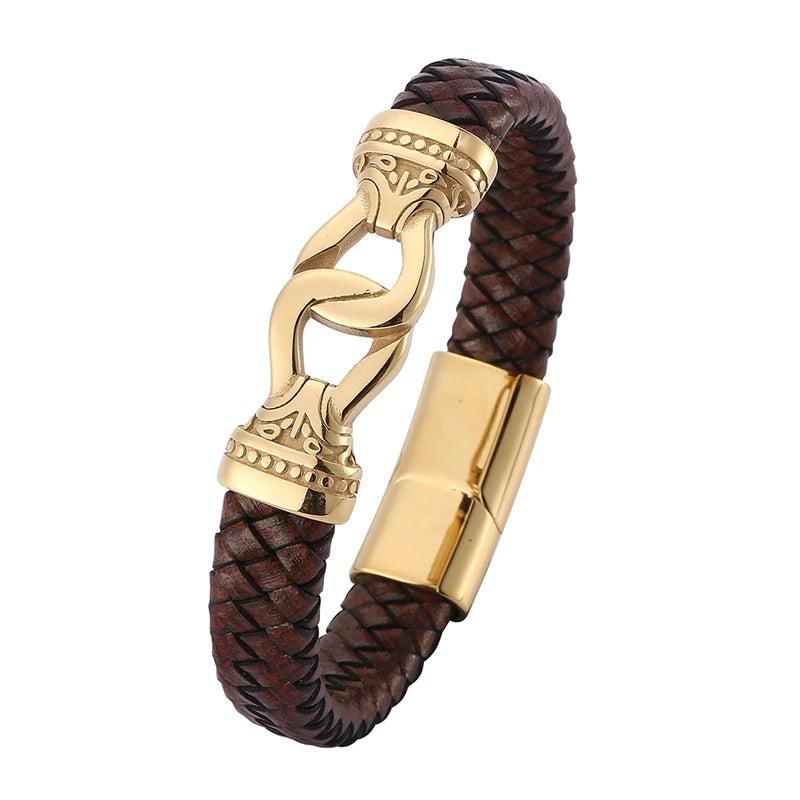 Men's Brown Leather Bracelet Stainless Steel Magnet Buckle Charm Bangle