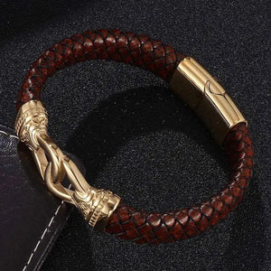Men's Brown Leather Bracelet Stainless Steel Magnet Buckle Charm Bangle