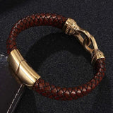 Men's Brown Leather Bracelet Stainless Steel Magnet Buckle Charm Bangle