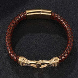 Men's Brown Leather Bracelet Stainless Steel Magnet Buckle Charm Bangle