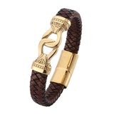 Men's Brown Leather Bracelet Stainless Steel Magnet Buckle Charm Bangle