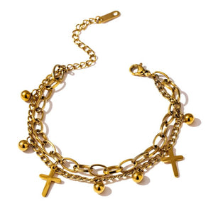 Stainless Steel Cross Layered Bracelet Women Charm Metal 14K Plated Golden