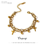 Stainless Steel Cross Layered Bracelet Women Charm Metal 14K Plated Golden