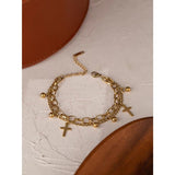 Stainless Steel Cross Layered Bracelet Women Charm Metal 14K Plated Golden
