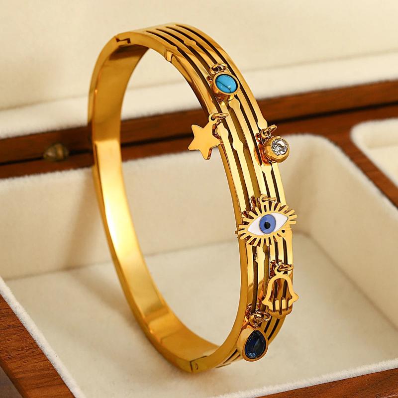 Zircon Evil Eye Charm Stainless Steel Bangles for Women