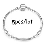 5Pcs Vintage Silver Plated Charm Bracelet European Style Snake Chain
