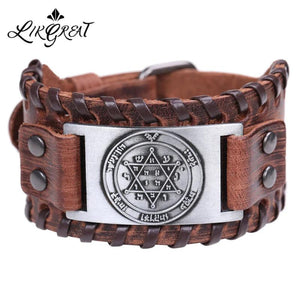 Vintage Star of David Hexagram Charm Bracelet Men Leather Tantrism Jewelry