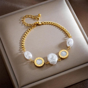 316L Stainless Steel Roman Numeral Pearl Charm Bracelet for Women
