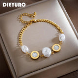 316L Stainless Steel Roman Numeral Pearl Charm Bracelet for Women