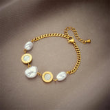 316L Stainless Steel Roman Numeral Pearl Charm Bracelet for Women