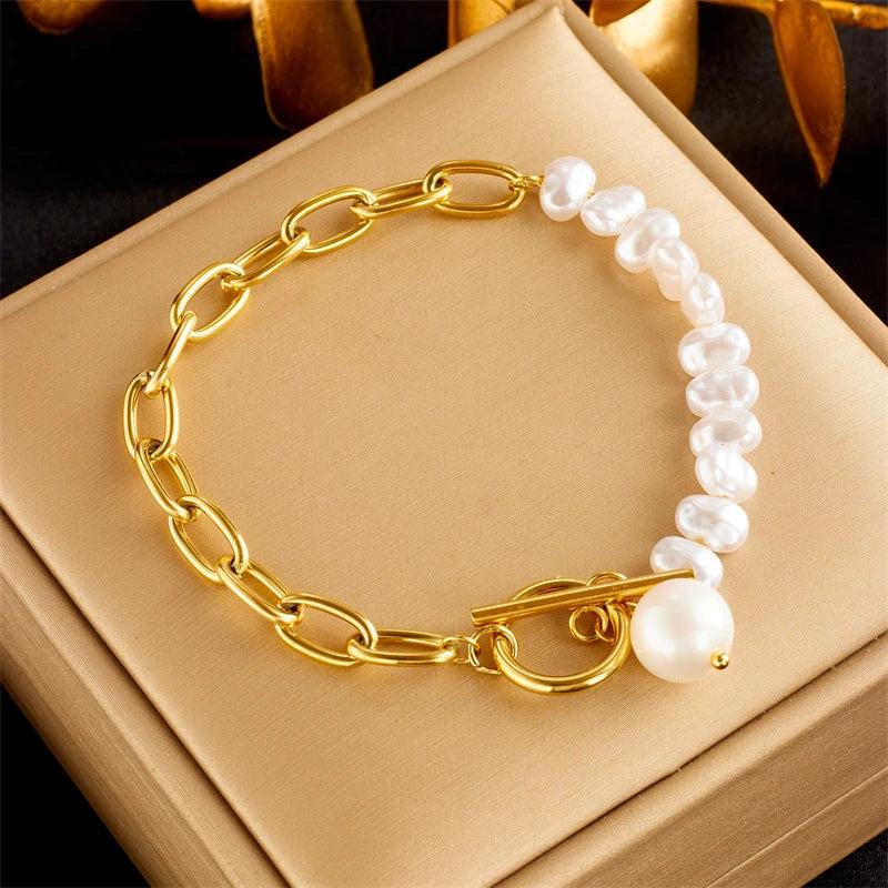 Stainless Steel Pearl Charm Bracelet Women Non-fading OT Buckle Chain