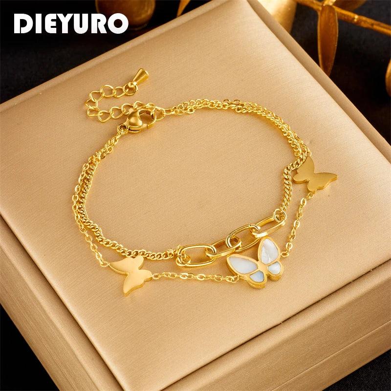 316L Stainless Steel Double Layer Butterfly Charm Bracelet for Women Girls