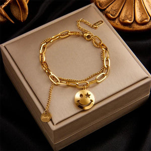 2 Layer Smiley Long Pendant Bracelet, Stainless Steel, Women's Wrist Jewelry