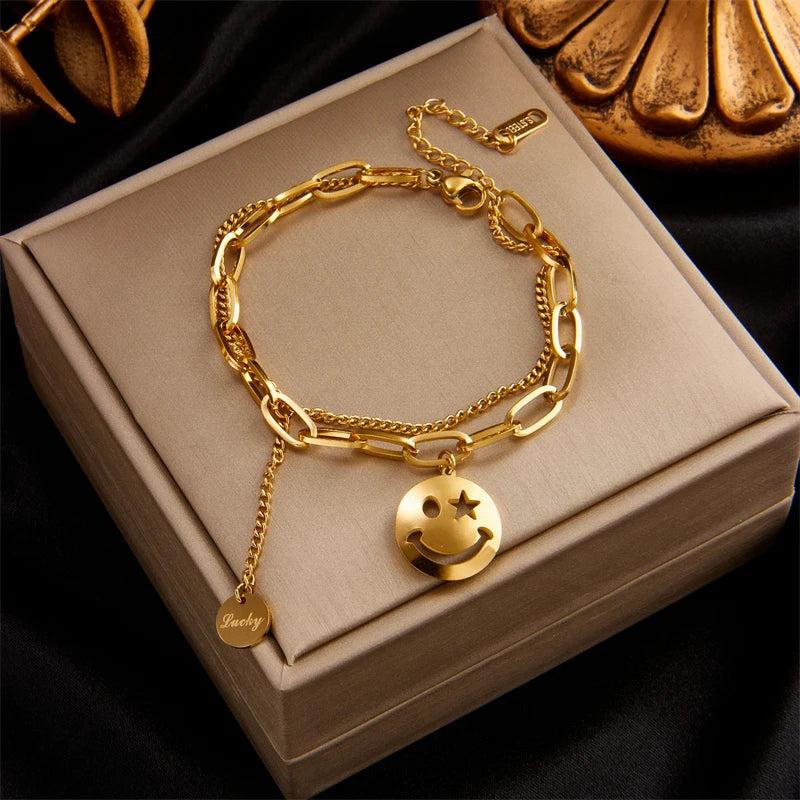 2 Layer Smiley Long Pendant Bracelet, Stainless Steel, Women's Wrist Jewelry