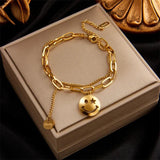 2 Layer Smiley Long Pendant Bracelet, Stainless Steel, Women's Wrist Jewelry