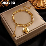 2 Layer Smiley Long Pendant Bracelet, Stainless Steel, Women's Wrist Jewelry
