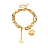 2 Layer Smiley Long Pendant Bracelet, Stainless Steel, Women's Wrist Jewelry