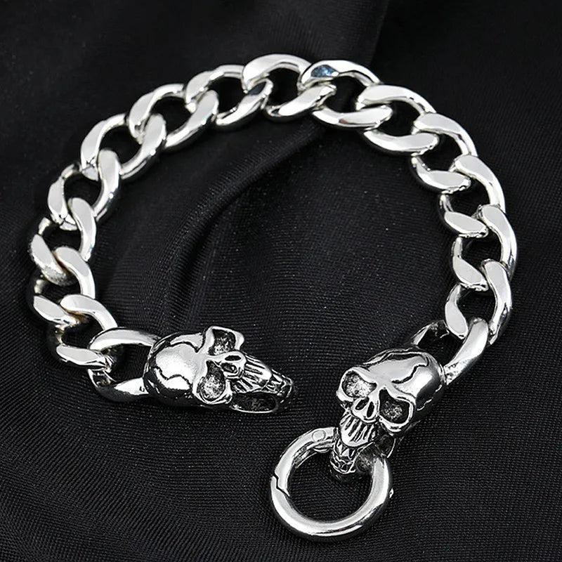 12MM Stainless Steel Double Headed Skull Bracelet For Men