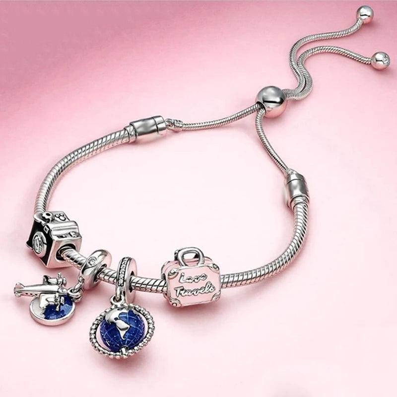 Silver Airplane & Earth Charm Bracelets with Bag & Camera Beads