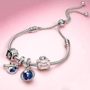 Silver Airplane & Earth Charm Bracelets with Bag & Camera Beads