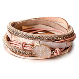 Pink Leather Wrap Bracelets Boho Evil Eye Heart Star Pearl Crystal Bracelet