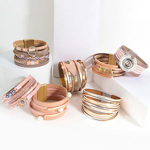 Pink Leather Wrap Bracelets Boho Evil Eye Heart Star Pearl Crystal Bracelet