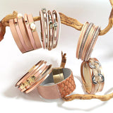 Pink Leather Wrap Bracelets Boho Evil Eye Heart Star Pearl Crystal Bracelet