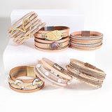 Pink Leather Wrap Bracelets Boho Evil Eye Heart Star Pearl Crystal Bracelet