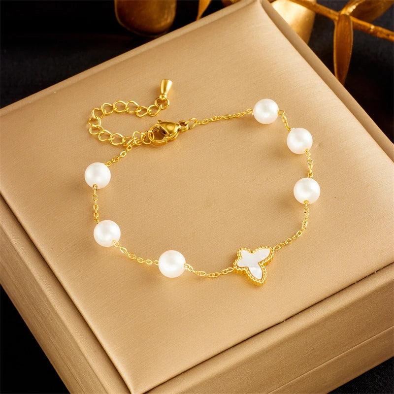 316L Stainless Steel Pearl Butterfly Charm Bracelet For Women Girls