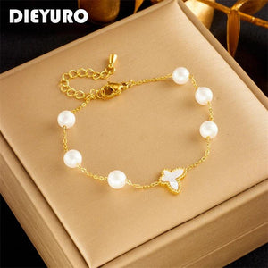 316L Stainless Steel Pearl Butterfly Charm Bracelet For Women Girls