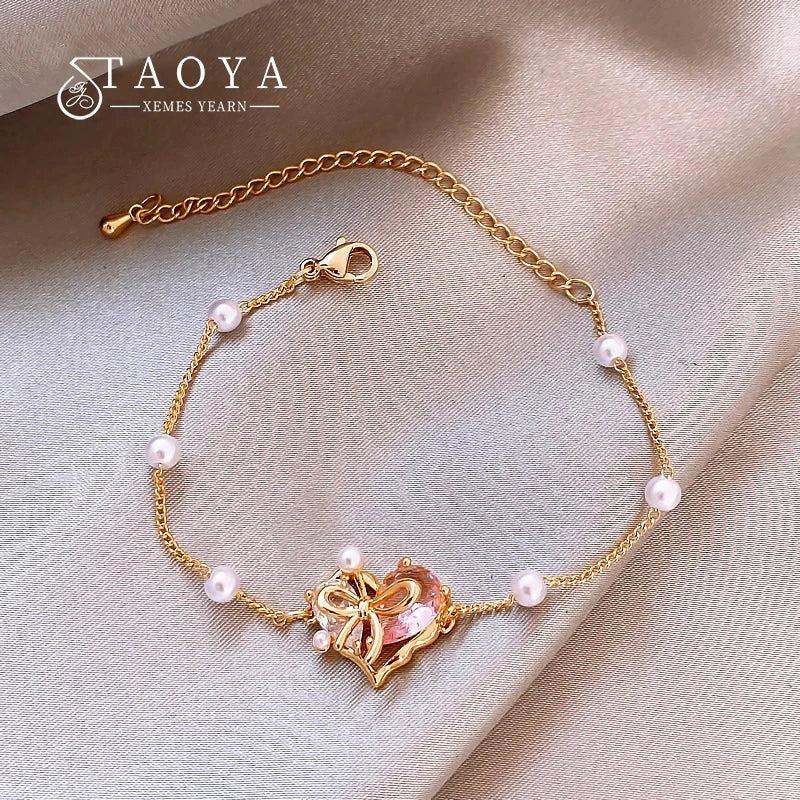 Pink Zircon Heart Pearl Bracelets for Women