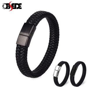 Men's Leather Charm Bracelet Stainless Steel Magnetic Clasp Punk Hiphop Bangle