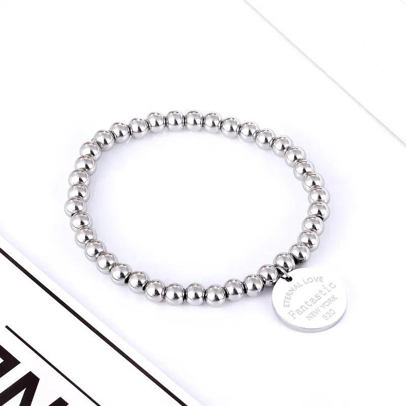 Stainless Steel Elastic Bead Bracelet for Women Round Charm Love Jewelry