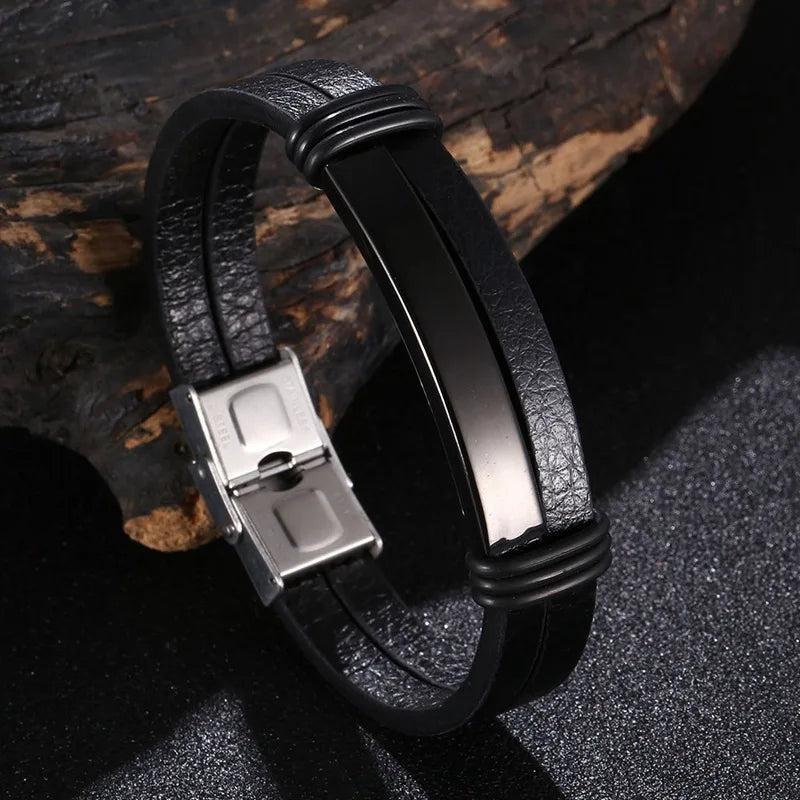 Leather Mens Bracelet Stainless Steel Bangles Male Wrist Jewelry