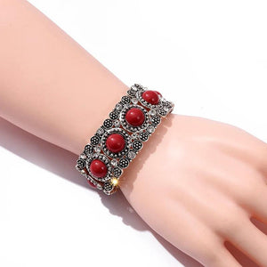 Boho Red Bead Elastic Bracelet for Women Vintage Silver Bangle