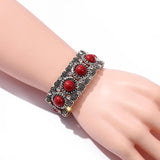 Boho Red Bead Elastic Bracelet for Women Vintage Silver Bangle
