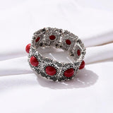 Boho Red Bead Elastic Bracelet for Women Vintage Silver Bangle
