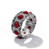 Boho Red Bead Elastic Bracelet for Women Vintage Silver Bangle