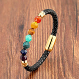 Chakra Stone Beads Bracelet Black Leather Rope
